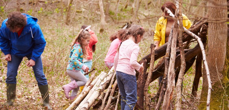 Groupe d'enfants qui jouent ensemble dans un bois en colonie