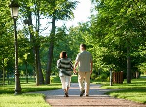 une couple qui se tient par la main en train de marcher dans un parc