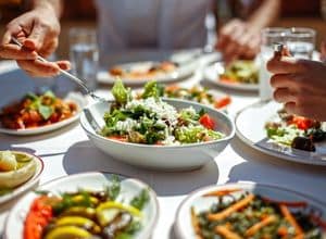 des personnes réunies autour d'une table en train de manger un plat végétarien