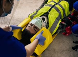 Personne recevant les premiers soins avec un collier dur à cause d'une fracture du rocher